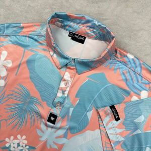 Bad Birdie Polo Shirt Mens Medium Coral Blue Tropical Floral Palm Leaf Golf Top